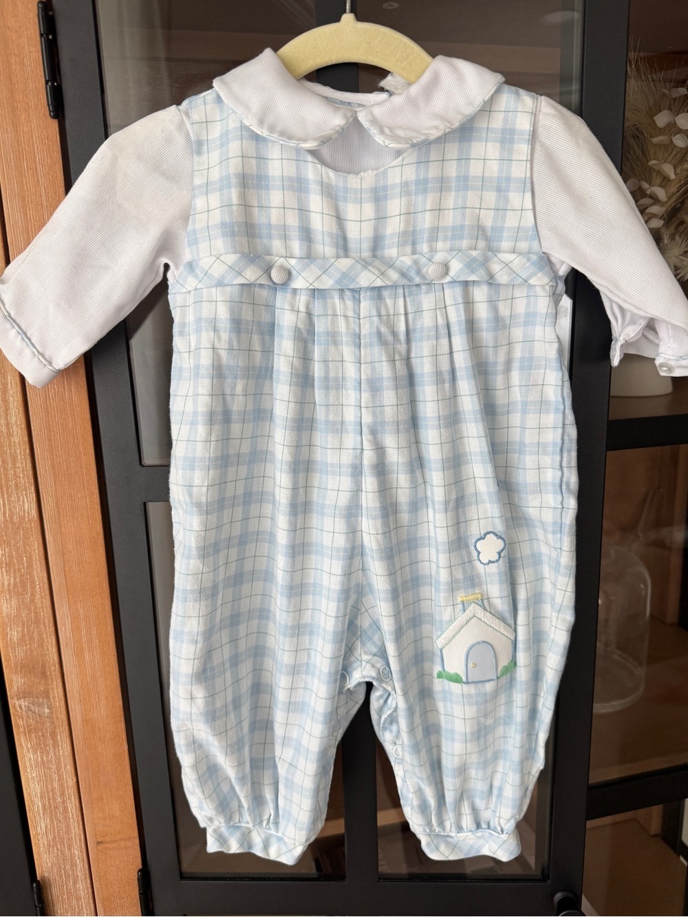 Vintage Petit Ami coverall plaid peter pan collar heirloom longall applique baby